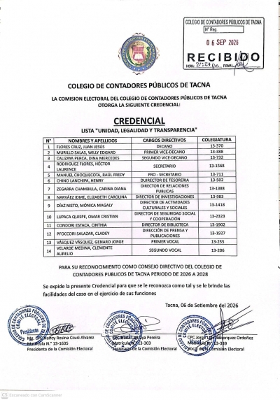 ENTREGA DE CREDENCIALES AL NUEVO CONSEJO DIRECTIVO 2026–2028