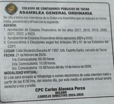 COMUNICADO OFICIAL – ASAMBLEA GENERAL ORDINARIA