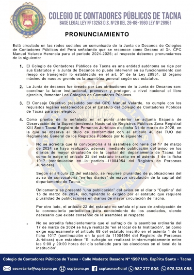 PRONUNCIAMIENTO DEL DECANO CPC. CARLOS ALANOCA PERCA